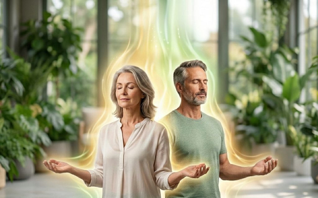 Мужчина и женщина в состоянии глубокой медитации и энергетического баланса, иллюстрирующие метод Витаномика для достижения здоровья и осознанности.